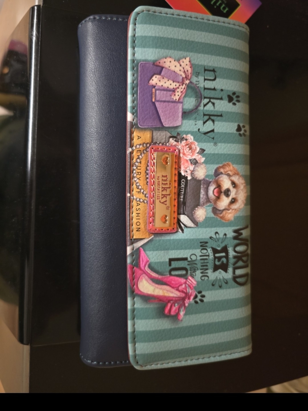 Nicole Lee Teal Striped Wallet with Puppy Graphic and Pink Accents